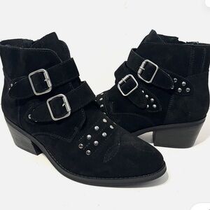 Ellos Suede Two-Buckle Black Western Studded Bootie